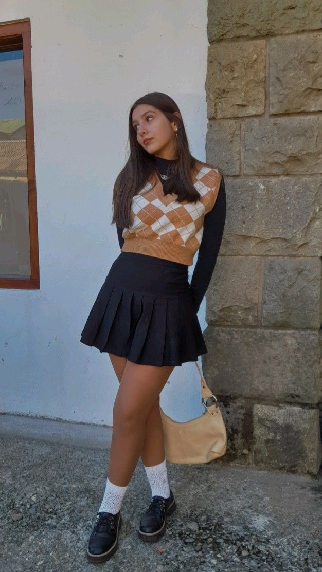 Argyle Sweater Vest and Black Pleated Skirt 